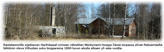 Rautalammilla sijaitsevan Hanhitaipal-nimisen r�lssitilan M�ntyniemi-torppa. T�ss� torpassa olivat Pieks�m�elt� l�ht�isin oleva Vilhusten suku torppareina 1800-luvun alusta alkaen yli sata vuotta.
